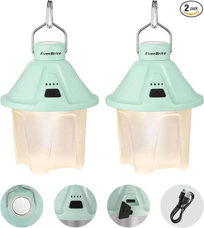 EverBrite 450LM Camping Lantern, USB C Rechargeable Camping Lantern with Magnetic Top&Hanging Hook, 5 Lighting Modes, for Christmas Decorations, Camping, Barbecue, Hiking and Reading, Pack of 2