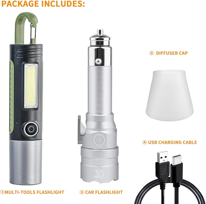Small Flashlight Rechargeable with Diffuser 12 Volt Car Cigarette Lighter & USB C Charge for Auto Vehicles Emergency, Car Escape, Outdoors, Daily Use