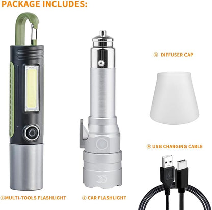 Small Flashlight Rechargeable with Diffuser 12 Volt Car Cigarette Lighter & USB C Charge for Auto Vehicles Emergency, Car Escape, Outdoors, Daily Use