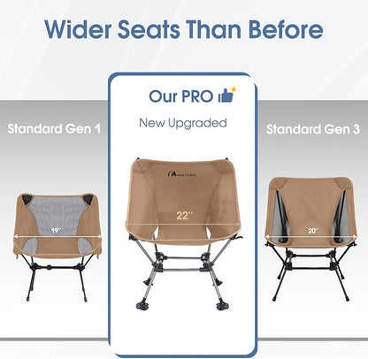 MOON LENCE Camping Chair Plus, Upgraded Comfort & Size, Still Compact and Lightweight, Folding Portable Chair for Backpacking & Hiking, 400Lbs Capacity, Gen 3 Plus (Khaki with Groundgrip Feet (Plus))