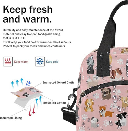 Dog Lunch Bag Dog Paws Pink Lunch Box for Women Girls, Reusable Insulated Leakproof Meal Prep Organizer Tote Thermal Cooler Bag with Shoulder Strap for Kids Adult School Work Office Picnic