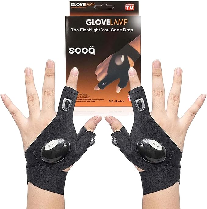 LED Flashlight Gloves for Men Women – Bright Lighted Fingerless LED Gloves for Handyman, Plumber, Mechanic Elastic Design, Waterproof, Battery Powered – Unique Gift Cool Gadgets for Men, Dad, Husband