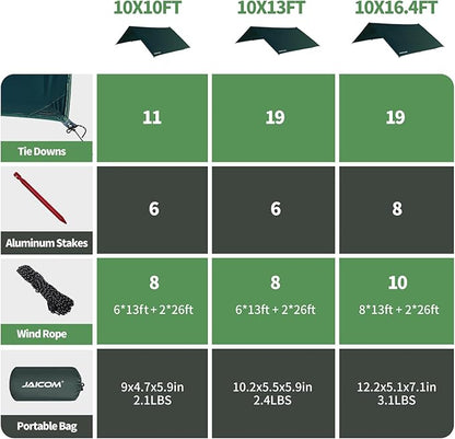 Waterproof Camping Tarp - 10X13ft Hammock Rain Fly, Ultralight & Portable & UV Protection Backpacking Tarp, Multifunctional for Outdoor Adventure, Hiking, Tent, Hammock