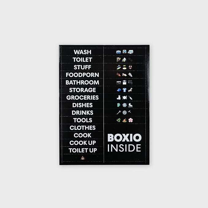 BOXIO - Stickers: 26 Weatherproof Self-Adhesive Labels for BOXIO Toilet, Wash, Cook, Solo Perfect as Organiser for Camping, Outdoor, Household - Waterproof, Photo Stickers, Labels, Stickers, 5x1 cm