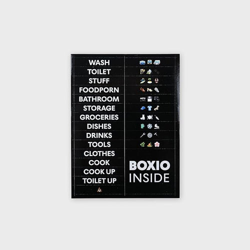 BOXIO - Stickers: 26 Weatherproof Self-Adhesive Labels for BOXIO Toilet, Wash, Cook, Solo Perfect as Organiser for Camping, Outdoor, Household - Waterproof, Photo Stickers, Labels, Stickers, 5x1 cm