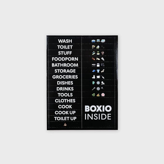 BOXIO - Stickers: 26 Weatherproof Self-Adhesive Labels for BOXIO Toilet, Wash, Cook, Solo Perfect as Organiser for Camping, Outdoor, Household - Waterproof, Photo Stickers, Labels, Stickers, 5x1 cm