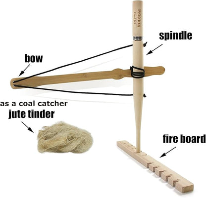 PSKOOK Bow Drill Kit Fire Starter, Primitive Wood, Survival Practice Friction Fire Tool for Scout Outdoor Activity Teaching, Outward Bound Training, Wildness Survival Beginner