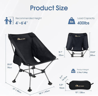 MOON LENCE Portable Camping Chair Plus Size, Folding Backpacking Beach Chair with Groundgrip Feet, Upgraded Comfort & Size, Still Compact and Lightweight for Hiking, 330Lbs Capacity (Black)