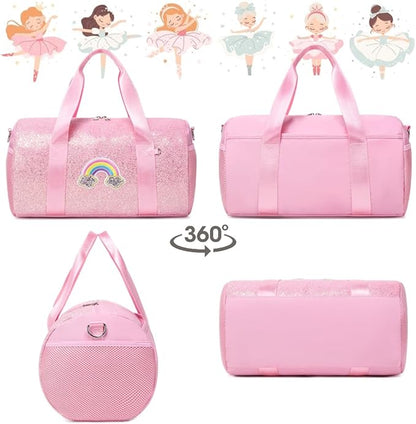 Dance Bag for Girls Ballet Bag Shiny Rainbow Glitter Sports Duffle Bag for Kids Girls Ballerina Duffle with Waterproof Dry Wet Separated Compartment