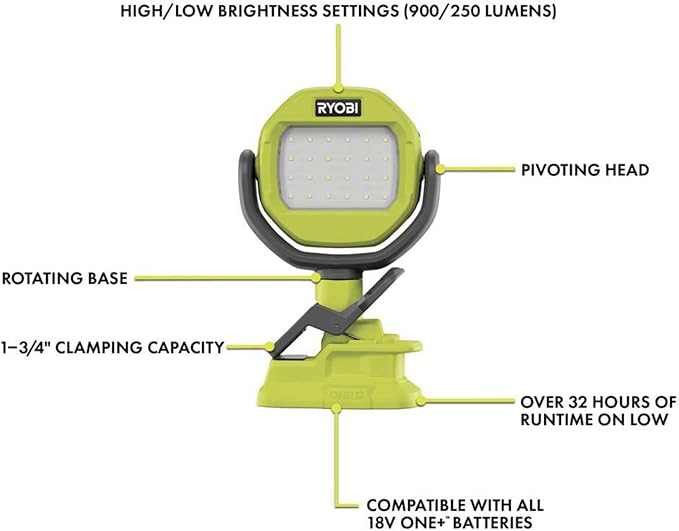 Buho LED Clamp Light Bundle, with 18V Cordless 900 Lumens LED Clamp Light, Pocket Flashlight, 1.5 Ah Lithium-ion Battery and 18-Volt Charger