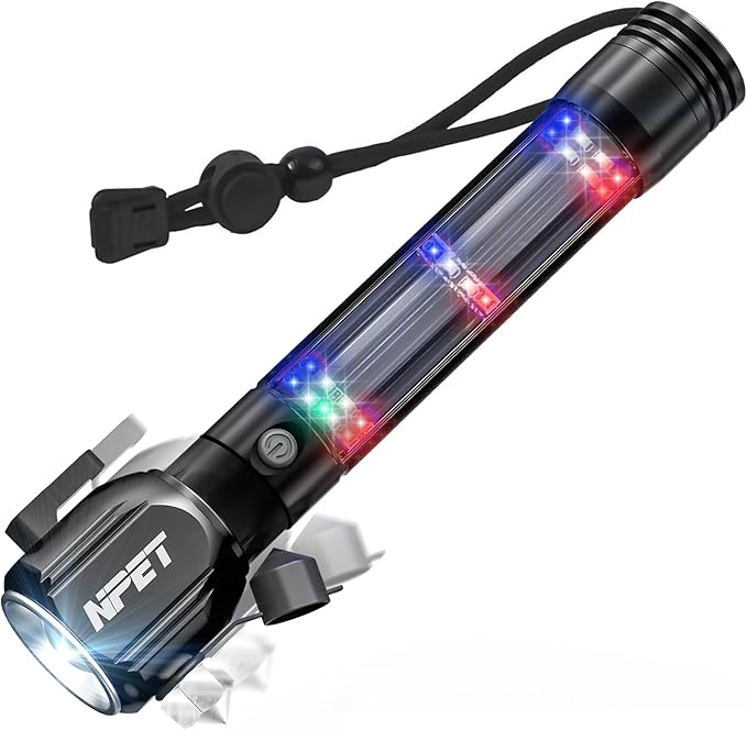 NPET T10-5 Solar Flashlight Car Flashlight Zoomable 1000 Lumens LED COB Light USB Rechargeable Tactical Multi-Function Torch Emergency Tool with Window Breaker Seat Belt Cutter Compass Siren