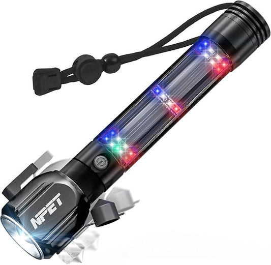 NPET T10-5 Solar Flashlight Car Flashlight Zoomable 1000 Lumens LED COB Light USB Rechargeable Tactical Multi-Function Torch Emergency Tool with Window Breaker Seat Belt Cutter Compass Siren