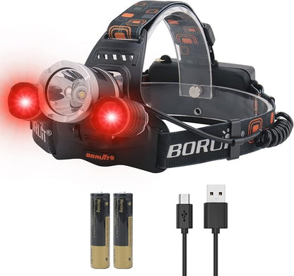 BORUIT RJ-3000 LED Rechargeable Headlamp with Red Light Super Bright 5000 Lumens Hunting Head Lamp 3 Mode Waterproof Head Light for Adult Fishing Camping Headlight Gear
