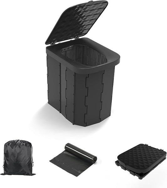 Portable Camping Toilet for Adults - Hapoon XL Portable Folding Toilet with Lid,Travel Portable Potty for Adults,Porta Potty Car Toilet,12 Toilet bags, 12 pack Liquid Waste Gel,Black