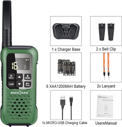 Rechargeable Walkie Talkies Two Way Radio IP67 Waterproof Long Range 5 Miles Two Way Radios Floating Flashlight & SOS Emergency Lamp, NOAA Weather Alert Walkie-Talkie Green