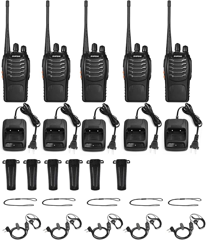 BAOFENG Reachargeble Walkie Talkies 5 Pack Long Range Two Way Radios with Earpiece UHF Handheld Interphone for Adults or Kids Biking Hiking Camping Li-ion Battery and Charger Included