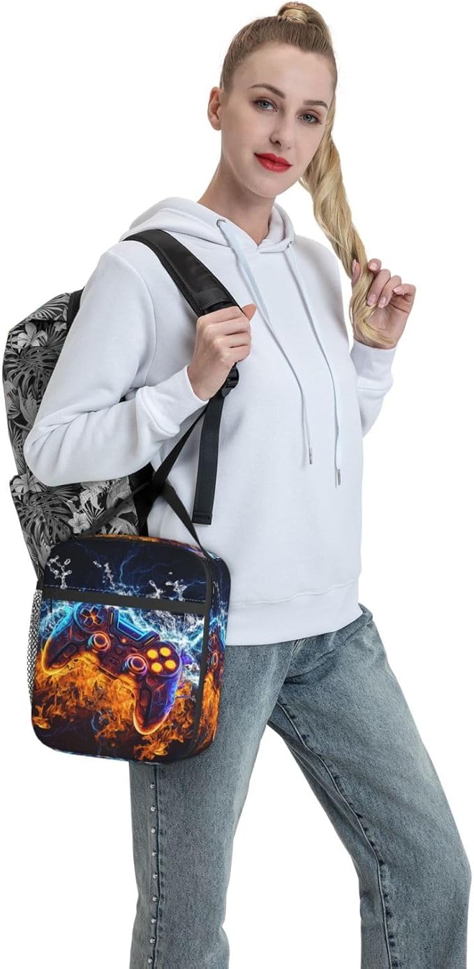 Video Game Controller Insulated Lunch Bag, Gaming Gadgets Lunch Box for Kids, Portable Reusable Zipper Fire and Water Game Lunch Box for Men Women School Work Travel