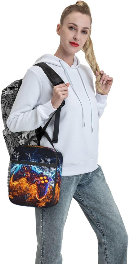 Video Game Controller Insulated Lunch Bag, Gaming Gadgets Lunch Box for Kids, Portable Reusable Zipper Fire and Water Game Lunch Box for Men Women School Work Travel