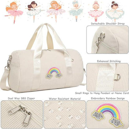 Dance Bag for Girls Dancers Ballet Bag Corduroy Rainbow Sports Duffle Bags for Kids Girls Ballerina Duffle with Shoulder Strap and Waterproof Wet Pocket
