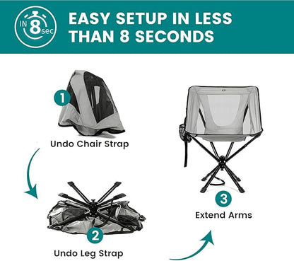 Portable Camping Chair - SwivelCore 180 Swivel & Auto-Return, Small Compact Lightweight Folding Chairs for Adults, Outdoor Backpack Chair for Adventures, Setup in Seconds, Support 300 LBS