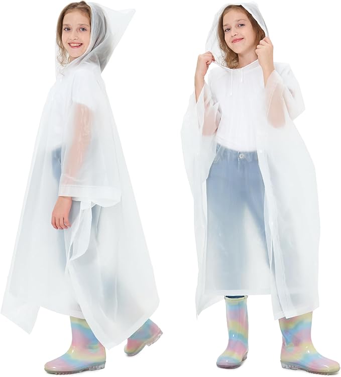 2 Pack Kids Rain Ponchos Reusable EVA Ponchos with Drawstring Hood, Waterproof Jacket for Boys and Girls