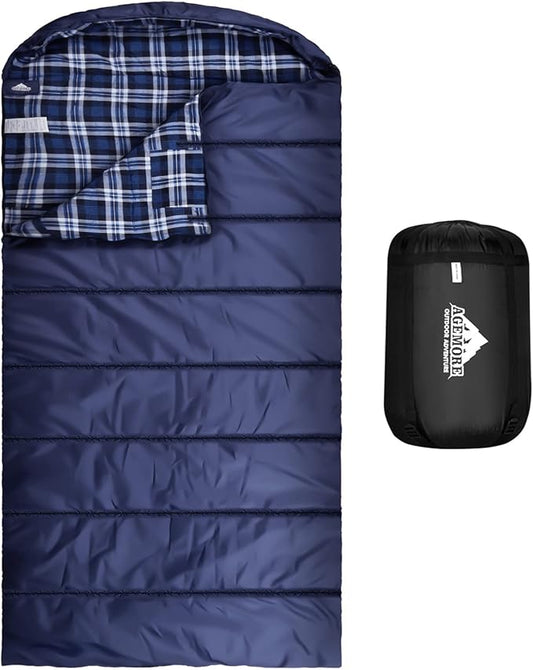 AGEMORE Cotton Flannel Sleeping Bag for Adults, Lightweight XXL Cotton Sleeping Bag for Camping Backpacking or Hiking, Water Resistant 3-4 Season Sleeping bag for Warm & Cool Weather