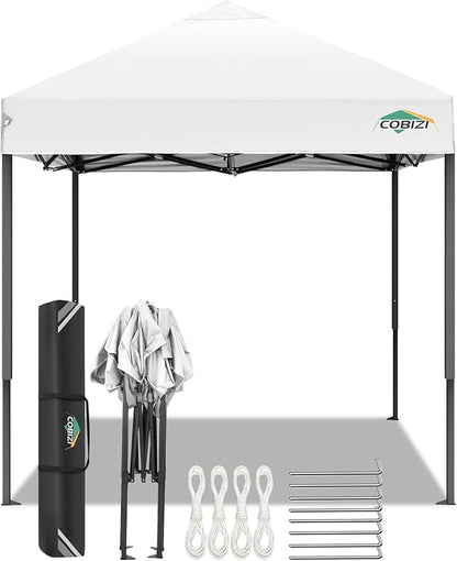 COBIZI 6.6x6.6ft Pop Up Canopy Tent, Heavy Duty Canopy Easy Set up All Weather Waterproof Outdoor Canopy Tent for Parties, Beach, Garden, Camping with 1 Handbag, 3 Adjustable Heights, UPF50+, White
