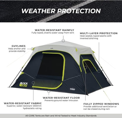 CORE Blackout Instant Cabin Tent | Large Family Pop Up Dark Room Tent with Easy Camp Setup | Included Storage Pockets for Outdoor Camping Accessories
