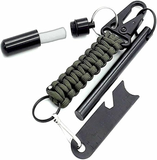 Ferro Fire Starter 4 inch Survival Ferrocerium Drilled Flint Fire Starter, Ferro Rod Kit with Paracord Lanyard Handle, Striker, Cotton Tinder Tab in o-Ring Sealed Carrier Tube and Carry Clip