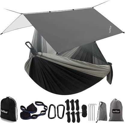 Sunyear Hammock Camping with Rain Fly Tarp and Net, Portable Camping Hammock Double Tree Hammock Outdoor Indoor Backpacking Travel & Survival, 2 Tree Straps,100% Waterproof