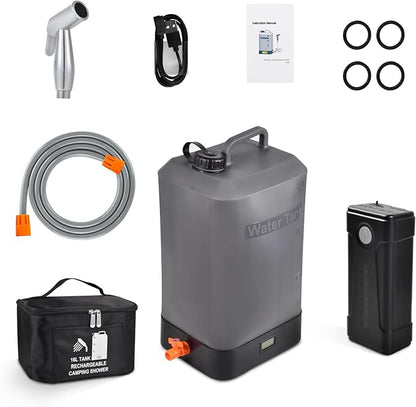 Portable Outdoor Shower, 4.5 Gallon Silicone Water Tank, Battery Powered and with Temperature Display, Solar Heating, Easy to Carry, Emergency Water in The car, Very Suitable for Camping, Beach