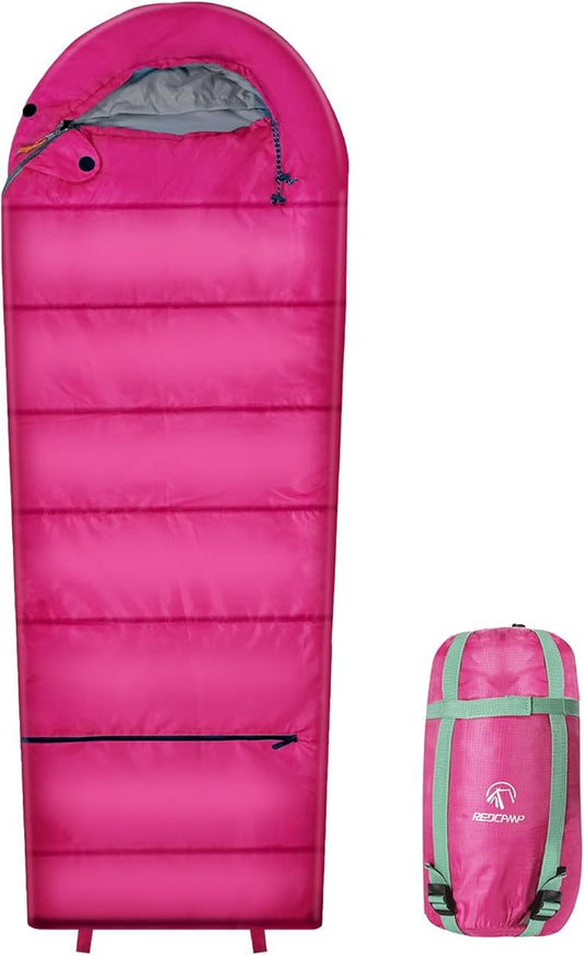 REDCAMP Kids Mummy Sleeping Bag for Camping, 3 Season Cold Weather Sleeping Bag Fit Boys,Girls & Teens, Blue/Rose Red