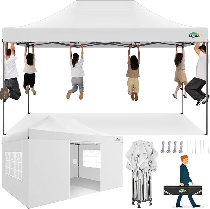 COBIZI 10x15 Heavy Duty Pop up Canopy Tent with 4 sidewalls Commercial Outdoor Canopy Wedding Party Tents for Wedding All Season Wind & Waterproof Gazebo with Carry Bag, White(Frame Thickened)