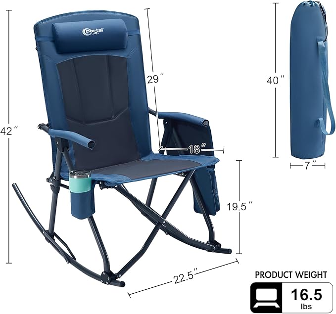 PORTAL Oversized Folding Rocking Camping Chair Portable Outdoor Rocker with High Back Hard Armrests Carry Bag, Supports 400 lbs