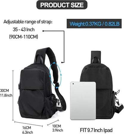SEAFEW Small Black Sling Crossbody Backpack Shoulder Bag for Men Women, Lightweight One Strap Back Pack Sling Bag Backpack for Hiking Walking Biking Travel Cycling USB Charger Port-Nylon