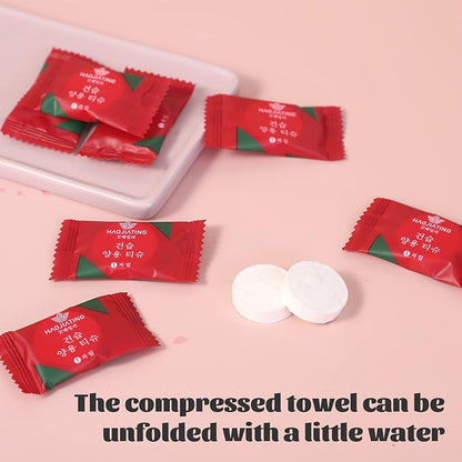 100 Pcs Mini Compressed Towels, Disposable Face Compressed Towel, Compressed Hand Wipe, Camping towel, Portable Compressed Coin Tissue for Travel/Home/Outdoor Activities (Individual packaging)