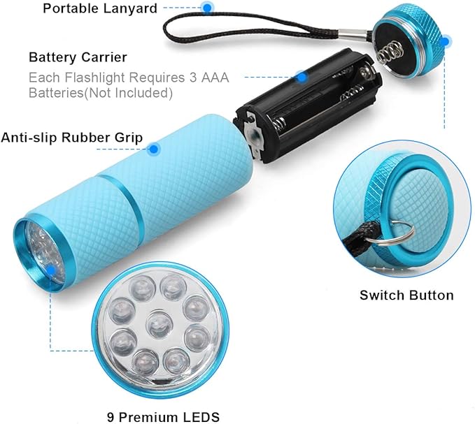 AHIER 9 LED Glow in Dark Flashlights, 3 Pack Rubber Coated Flashlights with Straps, Portable Handy Lights for Camping, Hiking, Indoor, Assorted Colors (Green+Blue)