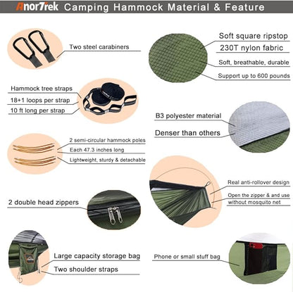 Professional Camping Hammock with Mosquito Net, Lightweight Portable Double Hammock with Two 10 FT Hammock Tree Straps, 230T Nylon Hammock for Camping, Hiking, Yard, Backpacking