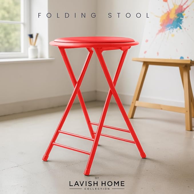 Folding Stool - Backless 24-Inch Stool with 225lb Capacity for Kitchen or Rec Room - Portable Indoor Counter Bar Stools by Lavish Home (Red)