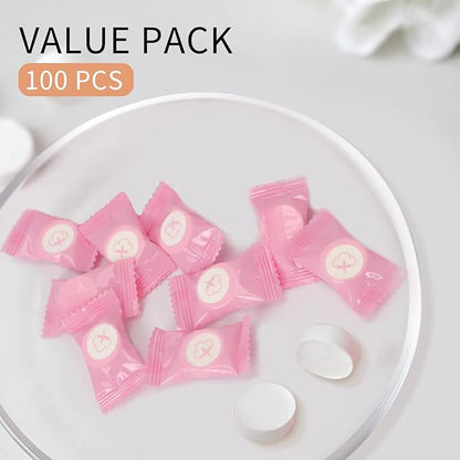 100PCS Compressed Face Towels, Portable Compressed Towel Tablets, Cotton Disposable Face Towel Coin Tissues, Mini Compressed Towels for Travel Camping (Pink)