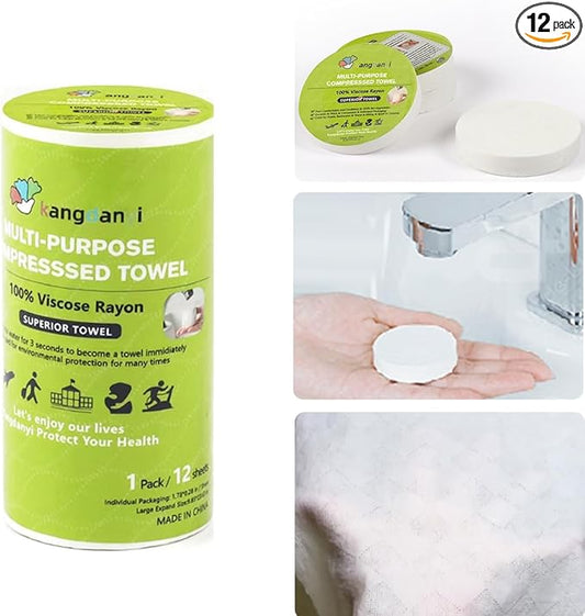 12 pack Compressed Towel Tablet, Portable Face Towel Washcloth Reusable, 11.8 x 9.85 inch Wet and Dry Disposable Towel for Baby or Dog,Camping Wipes for Travel Hiking Home Beauty