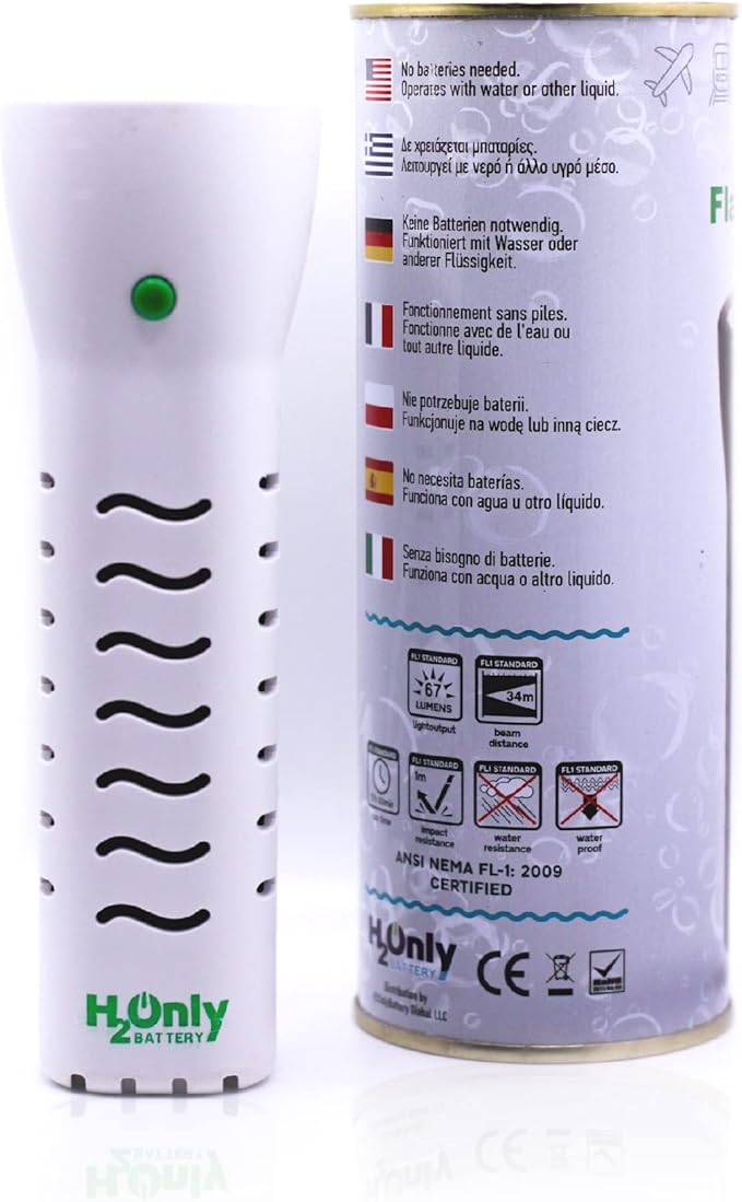 Flashlight - No Batteries Needed - Water Powered (or Any Liquid)- No Expiration Date - 67 Lumens, Emergency Light - Last up to 1500 Hours-White