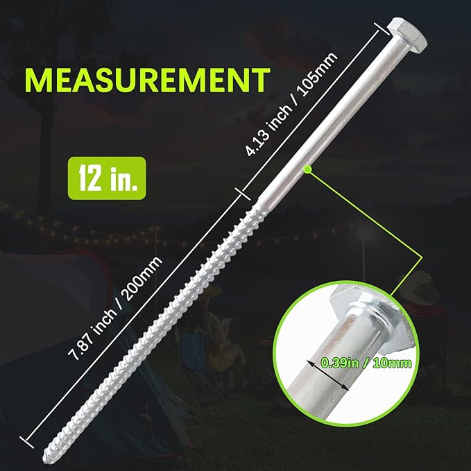 6pcs 3/8 x 12 inch Heavy Duty Camping Ground Anchors, Non-Rust Tent Stakes Screw in Kit for Securing Animals, Trampoline, Carports, Canopies, Sheds, Swing Sets, Ground Anchors for High Winds