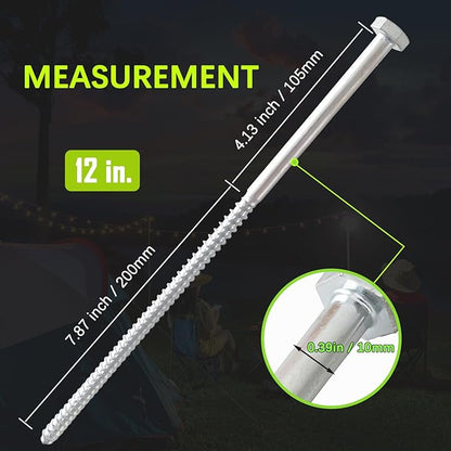 6pcs 3/8 x 12 inch Heavy Duty Camping Ground Anchors, Non-Rust Tent Stakes Screw in Kit for Securing Animals, Trampoline, Carports, Canopies, Sheds, Swing Sets, Ground Anchors for High Winds