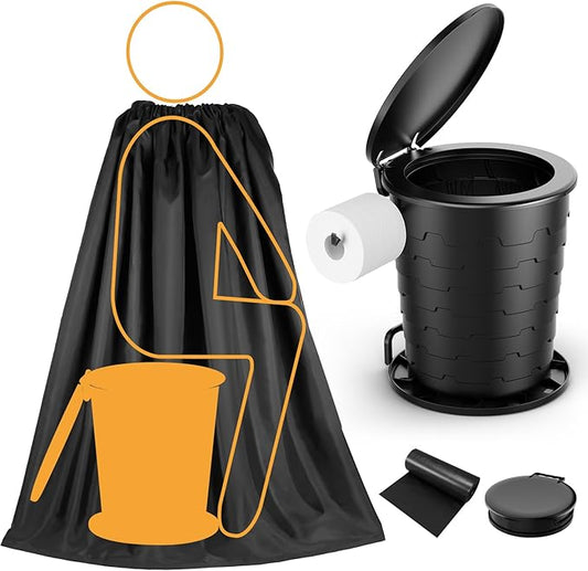 Portable Toilet for Adults with Privacy Shelter, Retractable Porta Potty for Camping with Toilet Paper Holder, Foldable Toilet Adjustable Height for Hiking, Fishing, RV Travel, Road Trips