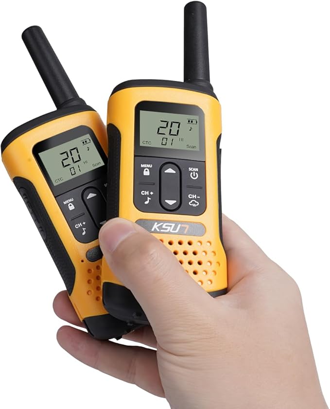 KSUN Walkie Talkies for Adult, 22 FRS Channels, LCD Screen, NOAA Weather Alarm, Rechargeable Battery, Long Range,Yellow, Portable for Cruise Camping Hiking GZ32Plus (2 Pack)
