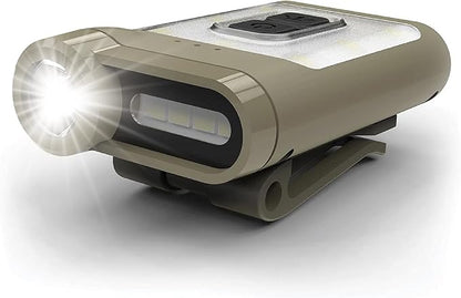 Claymore Capon 65A+ (Tan) - LED Rechargeable Clip-On Cap Headlamp, Lightweight Hat Light for Camping, Running, Hiking, Emergency & Industrial Use, Waterproof, USB-C, Up to 19 Hours of Battery Life.