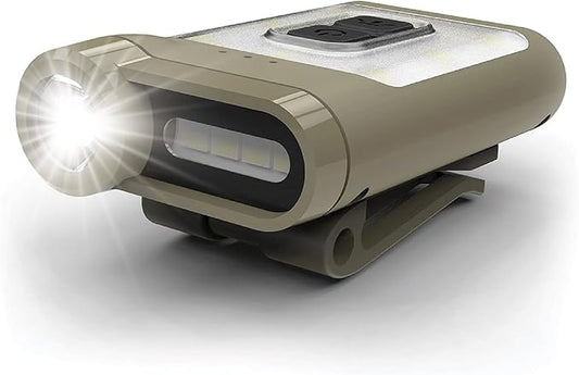 Claymore Capon 65A+ (Tan) - LED Rechargeable Clip-On Cap Headlamp, Lightweight Hat Light for Camping, Running, Hiking, Emergency & Industrial Use, Waterproof, USB-C, Up to 19 Hours of Battery Life.