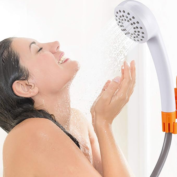 Portable camping shower set, 4400mAh battery,self suction shower pump,suitable for family camping, hiking,backpacking,beach,pets,pumping the water from the bucket into a stable and gentle shower flow