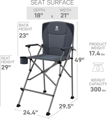 EVER ADVANCED Tall Folding Chair 31", Portable Directors Chair, Bar Height Camping Chair with Carry Bag and Footrest, Armrest, Heavy Duty Supports 300 Lbs Grey